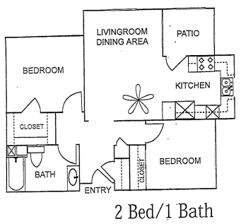 2 Bedroom 1 Bathroom floor plan of Mission Village Senior Apartments